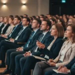 En publik som lyssnar på en föreläsare under ett företagsevent.